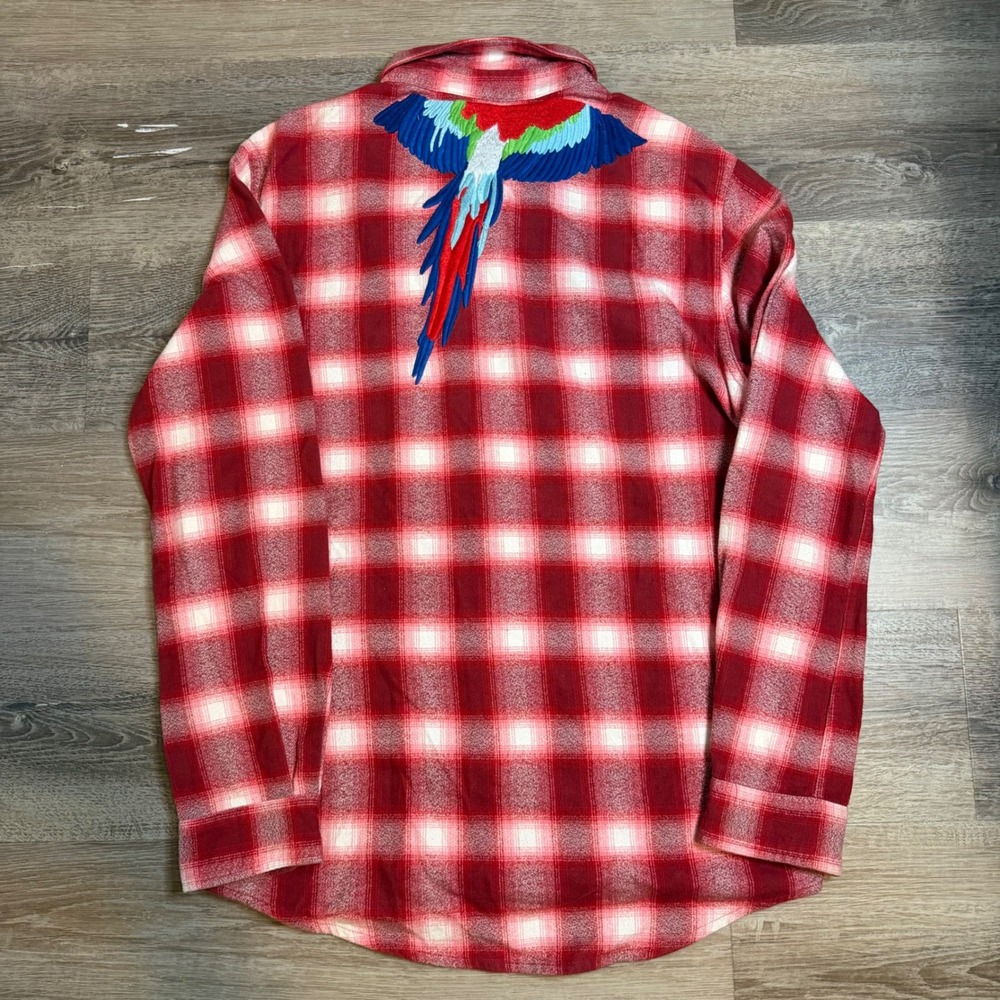 Rich Gang Mens Flannel Shirt Red White Plaid Parrot Embroidery Elbow Patches L